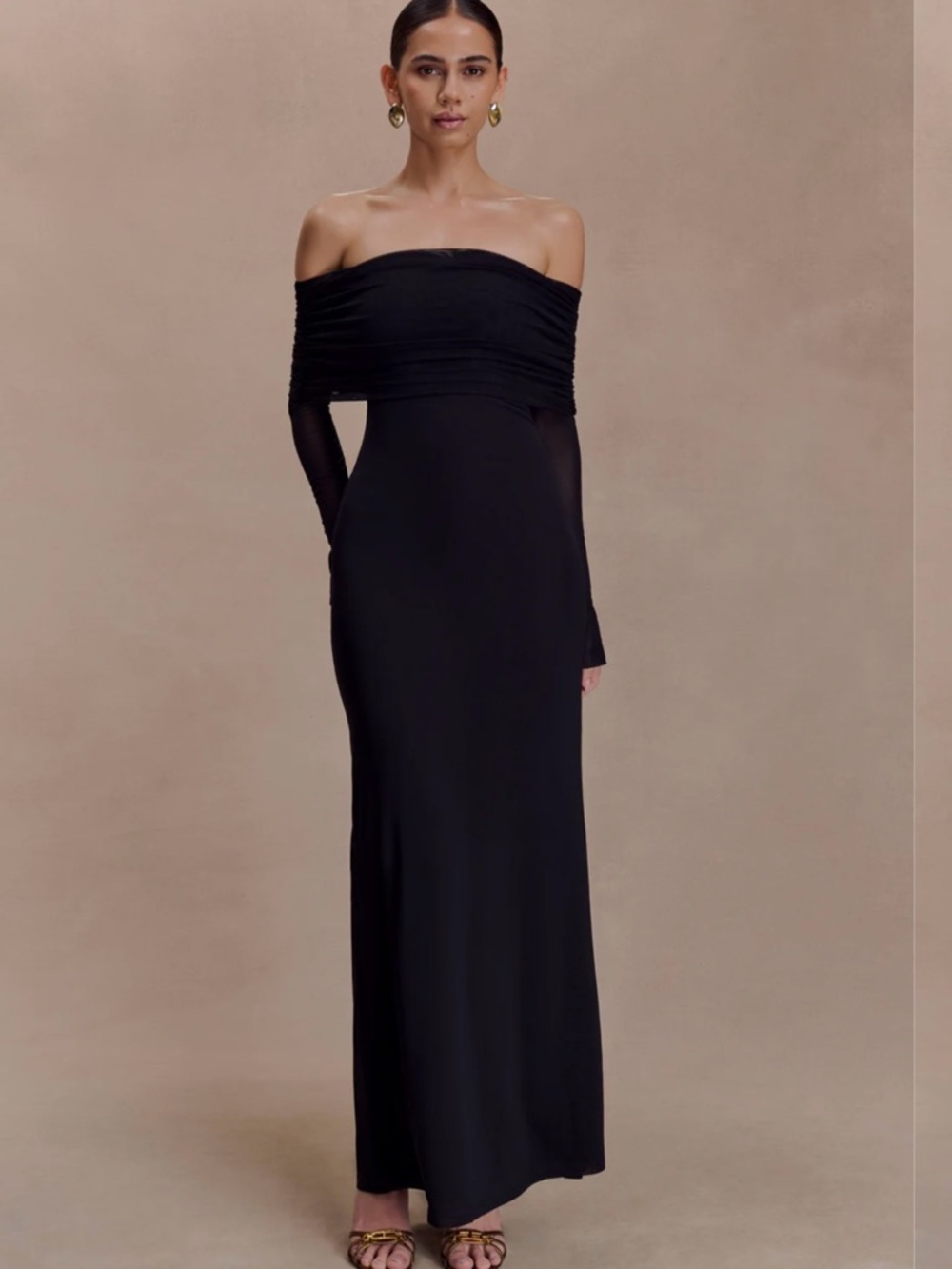 Meshki - Josie Black Off-Shoulder Ruched Bodice Gown
